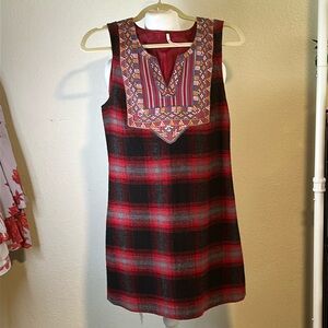 FREE PEOPLE EMBROILED RED FLANNEL PLAID SHIFT TANK DRESS SIZE SP